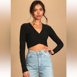 Cross Your Path Black Ribbed Cross Front Long Sleeve Top